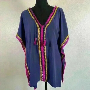 Becca scenic route bikini cover-up blue tunic crochet trim tassel women xs/s